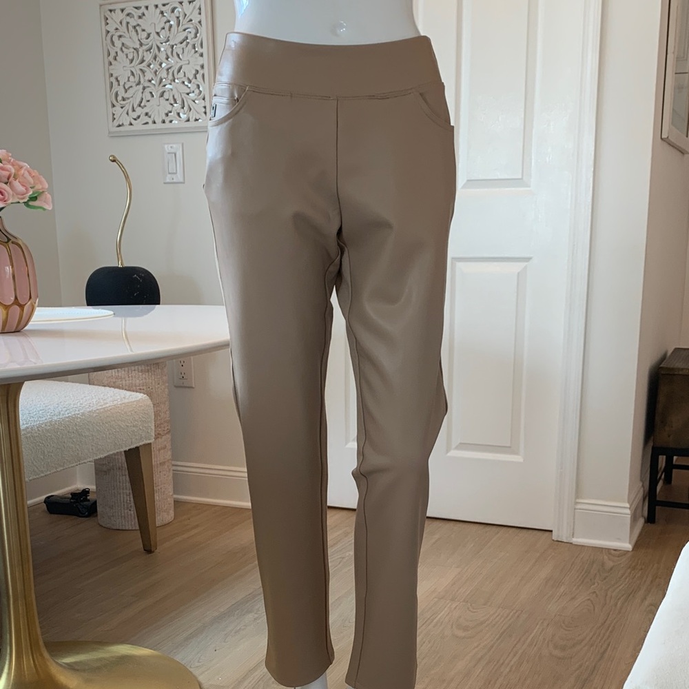 Elegant Tan  Faux Leather and Ponte Women's pull on pants
